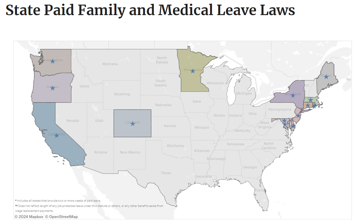 A map of the United States with several states highlighted showing the presence of state paid family and medical leave laws. 