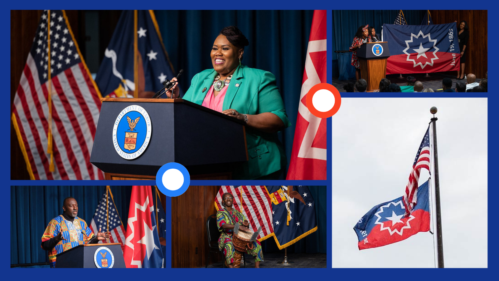 Collage shows several Black workers speaking in front of a podium and the Juneteenth and American flags.