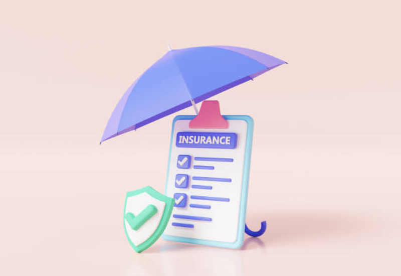 A clipboard with a checklist titled INSURANCE sitting under a purple umbrella with a green checkmark badge placed in front of it.