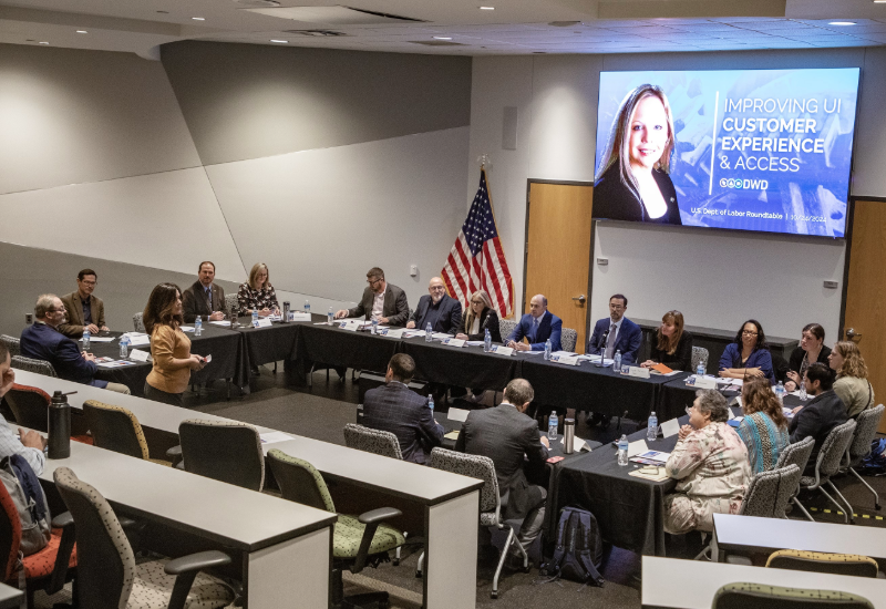 A young woman stands in a large room filled with professionally dressed people seated at tables, and faces a projection screen that reads "Improving UI Customer Experience & Access"