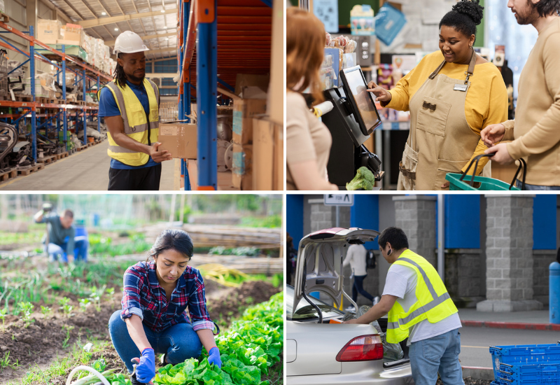 Four images highlighting various work industries: a person in a warehouse, a cashier in a grocery store, a farmworker in a field, and another person putting items in a car trunk outside a retail store.