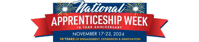 National Apprenticeship Week 2024 Logo: National Apprenticeship Week 10 year anniversary. Nov. 17-23, 2024. 10 years of engagement, expansion and innovation.