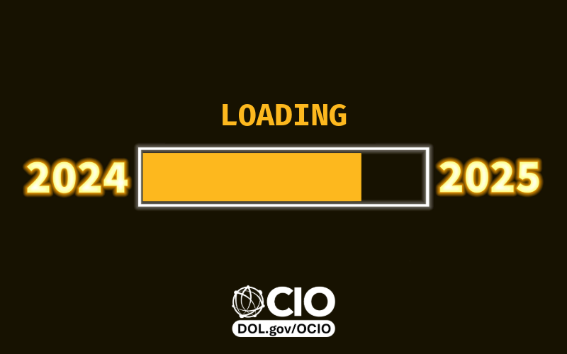 Computer file update progress bar showing the year 2024 on the left and the year 2025 on the right, indicating the new year is “loading.” The OCIO logo is on the bottom.