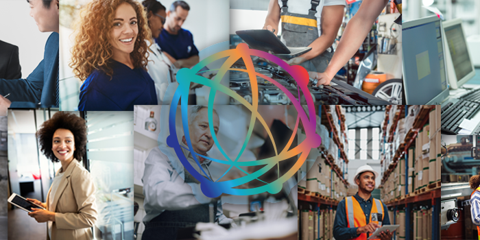 Collage of photos showing diverse workers with the OCIO symbol in the middle representing connectivity and connection