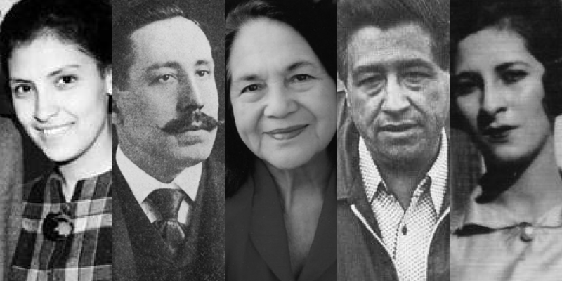 Collage of photos of Cesar Chavez, Dolores Huerta, Santiago Iglesias Pantin, Luisa Moreno, Emma Tenayuca