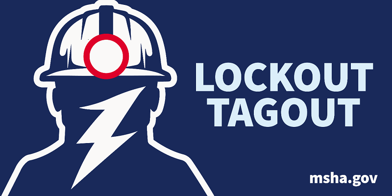 Blue graphic containing the outline of a mine worker, with the text "Lockout Tagout, MSHA.gov"