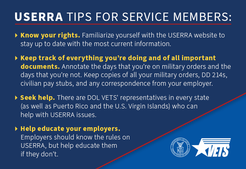 USERAA TIPS FOR SERVICE MEMBERS: •	Know your rights. Familiarize yourself with USERAA website to stay up to date with the most current information. •	Keep track of everything you’re doing and all important documents. Annotate the days that you’re on military orders and the days you’re not. Keep copies of all your  military orders, DD 214s, civilian pay stubs, and any correspondence from your employer. •	Seek help. There are DOL VET’ representatives in every state (as well as Puerto Rico and the U.S. Virgin Islands) who can help with USERRA issues. •	Help educate your employers. Employers should know the rules on USERAA, but help educate them if they don’t.