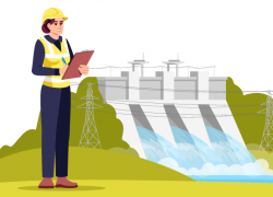 Illustration of a female environmental engineer holding a clipboard near a dam. The text says "Green Jobs With the Most Projected Openings, 2019-2029"
