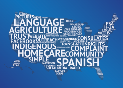 A word cloud shaped like the U.S. contains words like Language, Spanish, Homecare, Agriculture, Trust and Community.