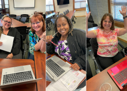 A collage showing several Hillsborough County educators and HCTA union members prepare certification portfolios. They sit at tables with laptops and notes.