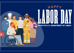 Dark blue background with colorful images of workers. Text reads: Happy Labor Day from the U.S. Department of Labor. dol.gov/LaborDay
