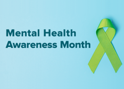A green ribbon for Mental Health Awareness Month with the text "Making the most of your mental health benefits."
