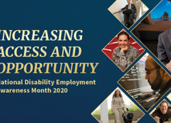 Text: "Increasing Access and Opportunity: National Disability Employment Awareness Month 2020." A collage of photos shows workers with different disabilities. 