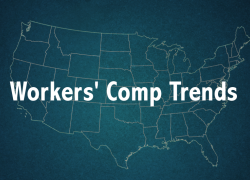 Outline of a map of the United States. "Workers' comp trends."