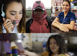 A collage shows four Latinas at work - in a call center, on a farm, in a shop and in a restaurant kitchen.