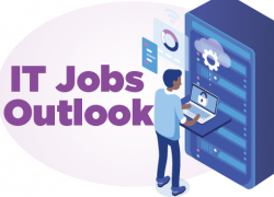 Illustrated image of a man working on a server, with the text "IT Jobs Outlook"
