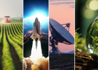 A collage shows a harvester in a field, a rocket far above the earth, a satellite, and a close-up of green shoots, seen through a bead of dew.