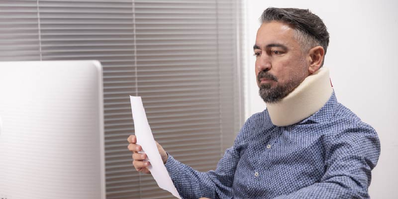 A man in a neck brace works on a computer.