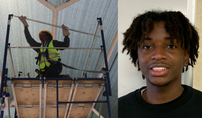 Darrin Hicks at work on a raised platform, wearing a safety vest, harness, hard hat and gloves, and a profile photo of Darrin smiling.