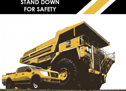 Graphic showing powered haulage vehicles with the text "Stand Down for Safety"