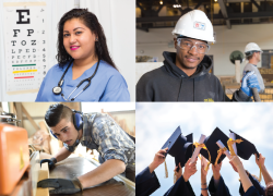 A collage shows apprentices from diverse backgrounds in different occupations - optometry, carpentry, construction and raising graduation caps.