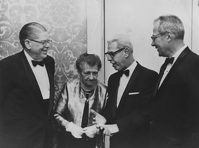 Former secretary James Mitchell (left) joins former secretaries Frances Perkins, Arthur Goldberg and Willard Wirtz at a reception for the department's 50th Anniversary, March 4, 1963.