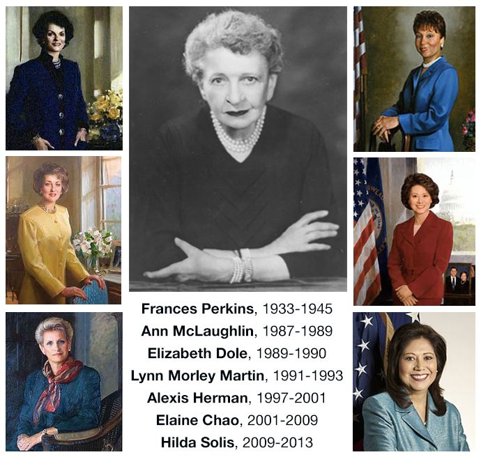 Official portraits of the department’s seven female secretaries: Frances Perkins, 1933-1945, Ann McLaughlin, 1987-1989, Elizabeth Dole, 1989-1990, Lynn Morley Martin, 1991-1993, Alexis Herman, 1997-2001, Elaine Chao, 2001-2009 and Hilda Solis, 2009-2013.