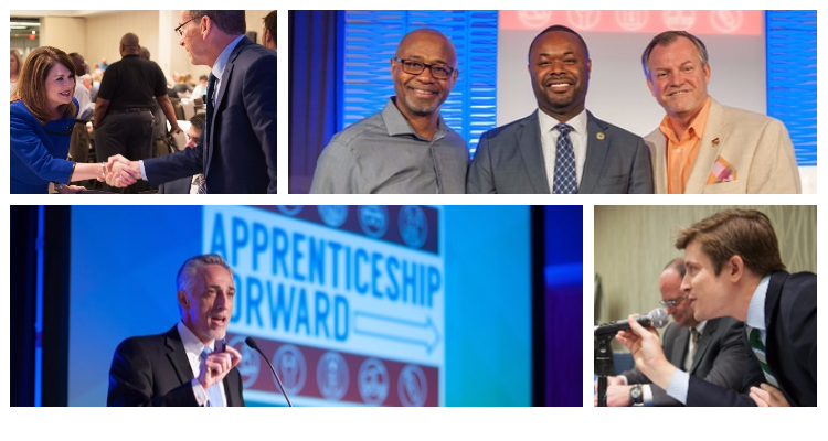 A collage shows people participating in panel discussions and giving keynotes at the Apprenticeship Forward conference