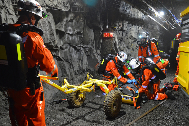Rescuers compete at the 2016 International Mine Rescue Competition in Sudbury, Canada.