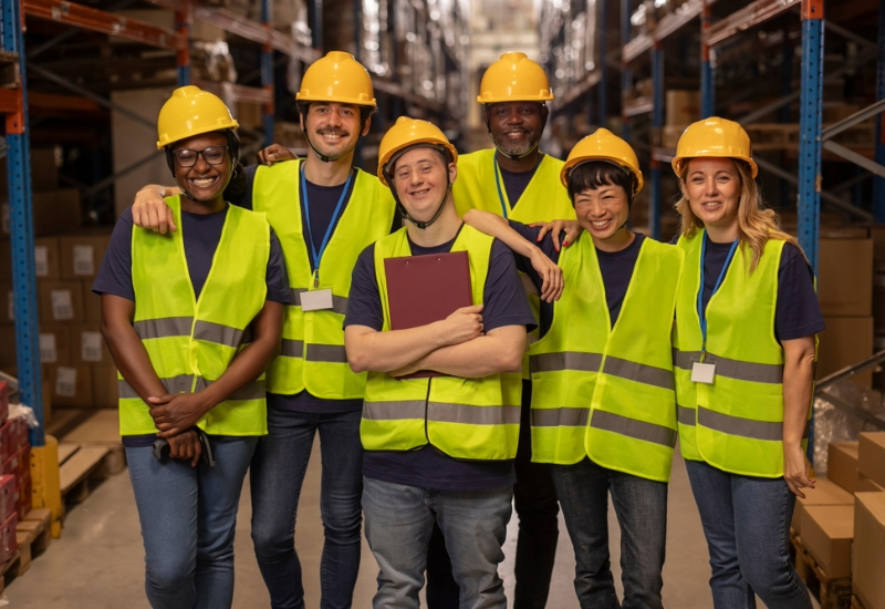 Six warehouse workers of different genders and racial backgrounds, one of whom has a disability, pose for a photo in safety vests and hardhats.