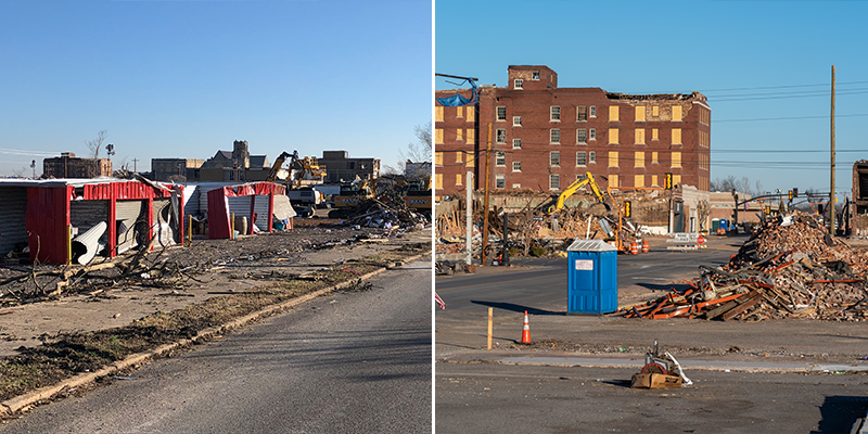 Photo collage: blocks of razed buildings, and storm-damaged buildings lining a street