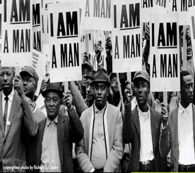 A group of workers protest during the 1968 Memphis Sanitation strike.