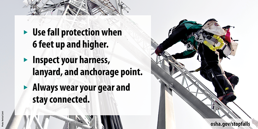 Photo of a worker climbing a cell tower wearing fall protection equipment. The text reads "Use fall protection when 6 feet up and higher. Inspect your harness, lanyard, and anchorage point. Always wear for your gear and stay connected. 