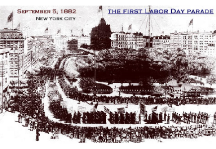 Postcard with a sketch of a crowd gathered to watch a parade. The image is labeled: September 5, 1882. New York City. The first Labor Day parade.