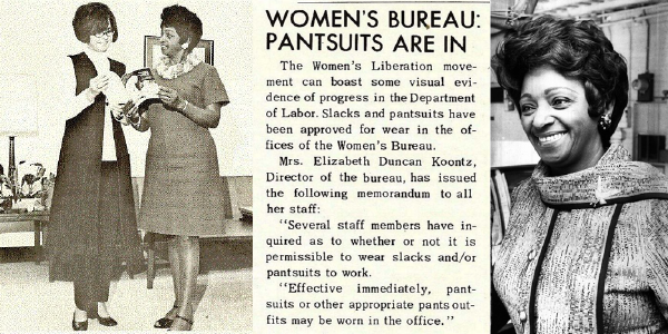 Newspaper clipping reads: Women’s Bureau: Pantsuits are in. Black and white photo of Women’s Bureau Director Elizabeth Duncan Koontz