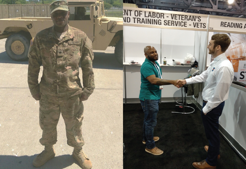 Two photos of Reginald Laurenceau - one in his military uniform, one in civilian clothes, shaking hands with a young man in front of a VETS booth at a job fair.