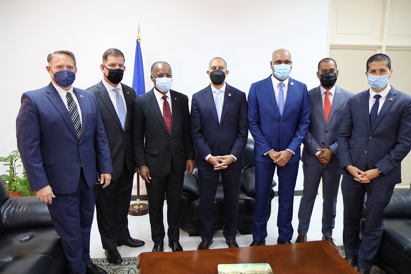 From left to right: Ambassador Jeff Daigle, Secretary Marty Walsh, Prime Minister Ulisses Correia e Silva, Congressman Hakeem Jeffries, Cabinet Minister Elisío Freire, Chief of Staff to Prime Minister Harold Tavares, and Chief of Staff to the Secretary Dan Koh. 