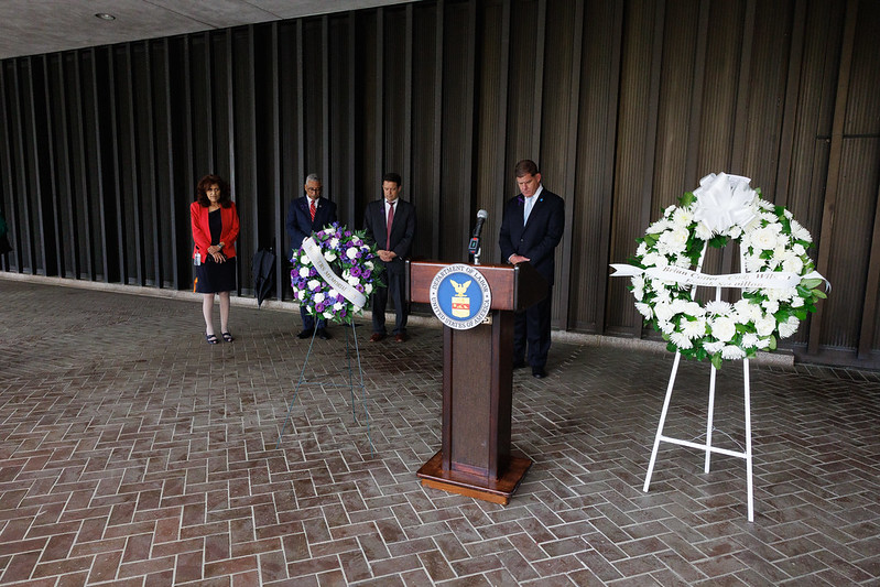 Secretary Walsh takes a moment of silence for Workers' Memorial Day at the Department of Labor