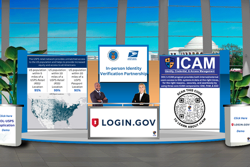Screenshot from the virtual Tech Day platform showing the Login.gov booth, "In-person Identify Verification Partnership." A map and QR code are displayed.