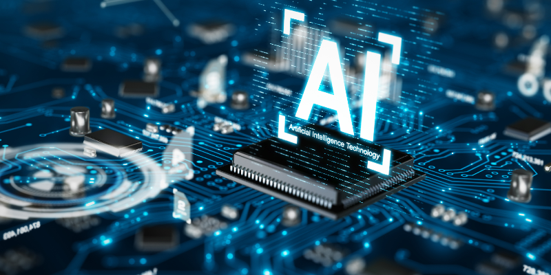 Computer hardware with the text "AI, Artificial Intelligence Technology"