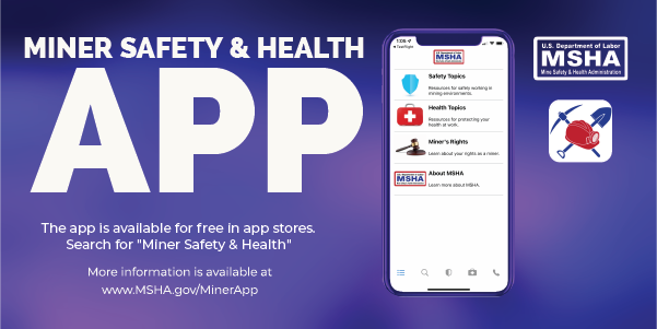 Miner Safety and Health App Graphic with a phone. 