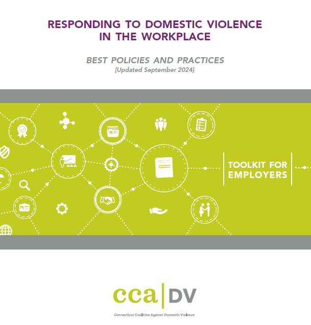 A graphic with a green background and white icons with text that reads TOOLKIT FOR EMPLOYEES. Additional text: RESPONDING TO DOMESTIC VIOLENCE IN THE WORKPLACE: BEST POLICIES AND PRACTICIES [Updated September 2024]