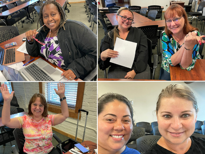 A collage showing several Hillsborough County educators and HCTA union members prepare certification portfolios. They sit at tables with laptops and notes.