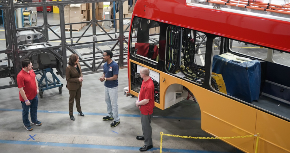 Vice President Kamala Harris talks with workers at New Flyer’s electric bus manufacturing plant in St. Cloud, Minnesota. White House photo.