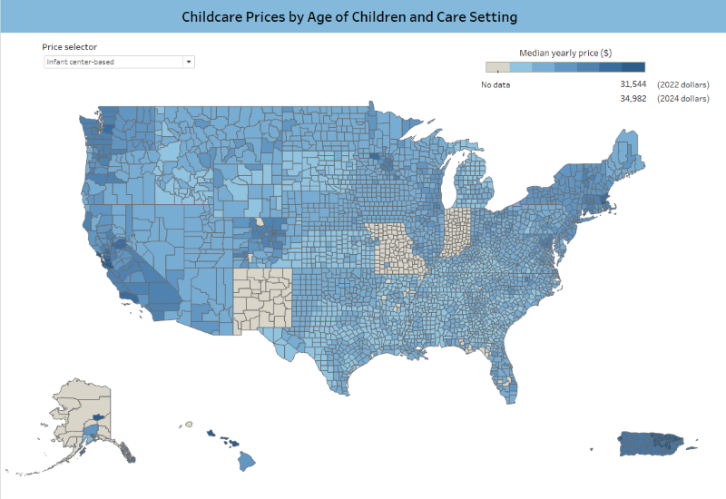 A map of the United States titled Childcare Prices by Age of Children and Care Setting. 