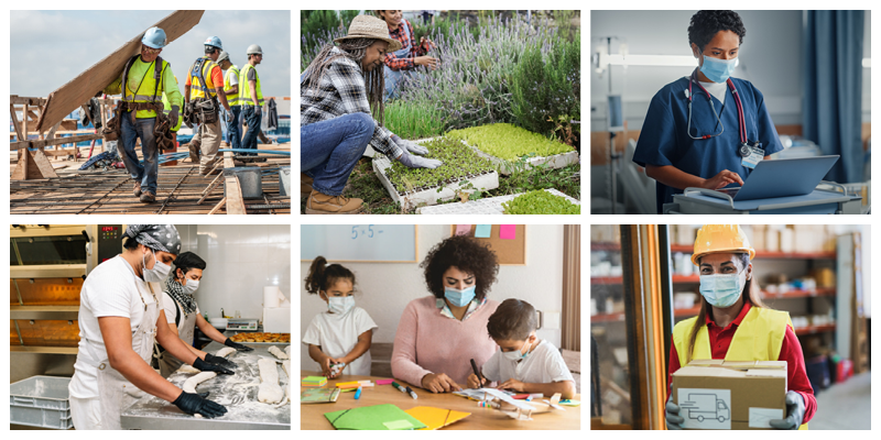 Collage showing diverse Hispanic workers in a variety of occupations