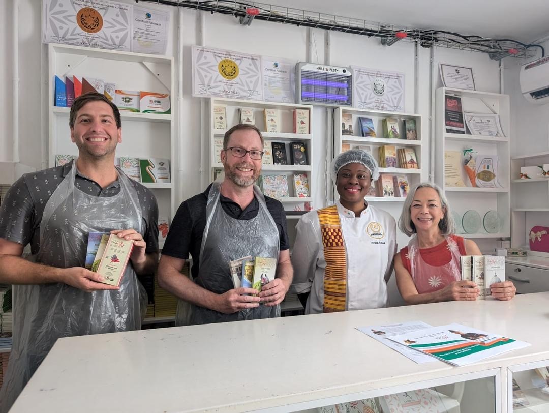 Lee and an ILAB team in Côte d’Ivoire meeting a local master chocolatier, Viviane Kouame, who is promoting sustainability, beginning at the farm level.