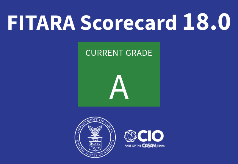 A graphic with the text “FITARA scorecard 18.0. Current grade: A.” The Department of Labor seal and OCIO logo are at the bottom.