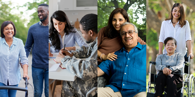 A collage shows four diverse families engaged in caregiving activities. 