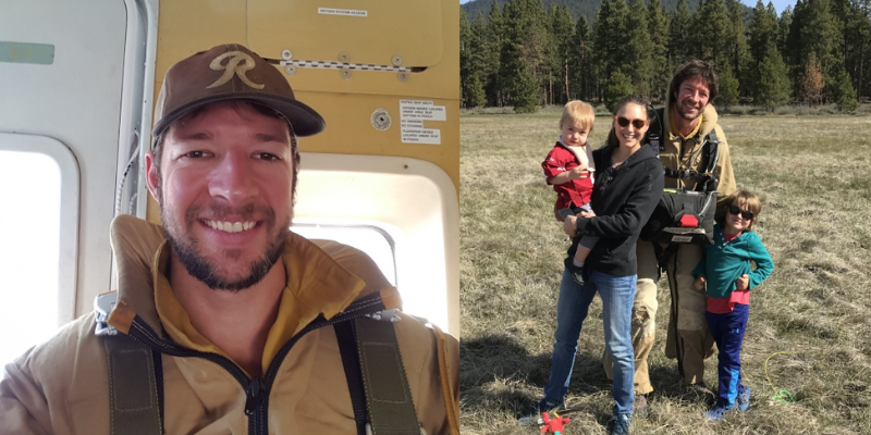 Photos of Ben Elkind, a wildland firefighter and smokejumper with the U.S. Forest Service, in an airplane and with his wife and two young children.